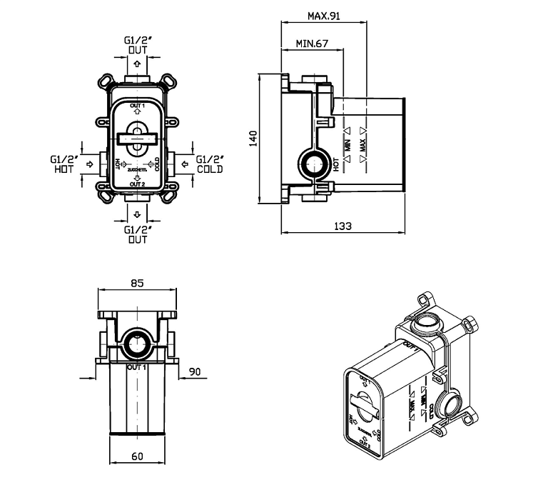 Внутренняя часть встраиваемого смесителя для душа с переключателем на 2 выхода ZUCCHETTI R96725 - фото-2 | interior market