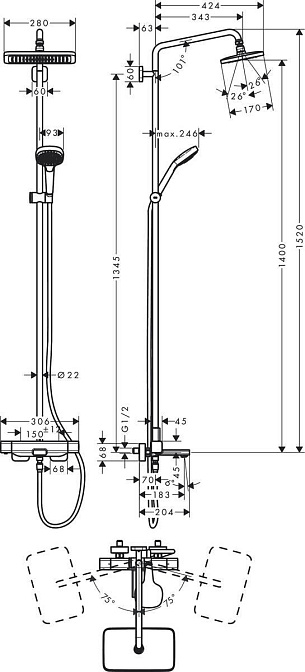 Смеситель для ванны HANSGROHE Croma E Showerpipe 280 1jet - фото-4 | interior market