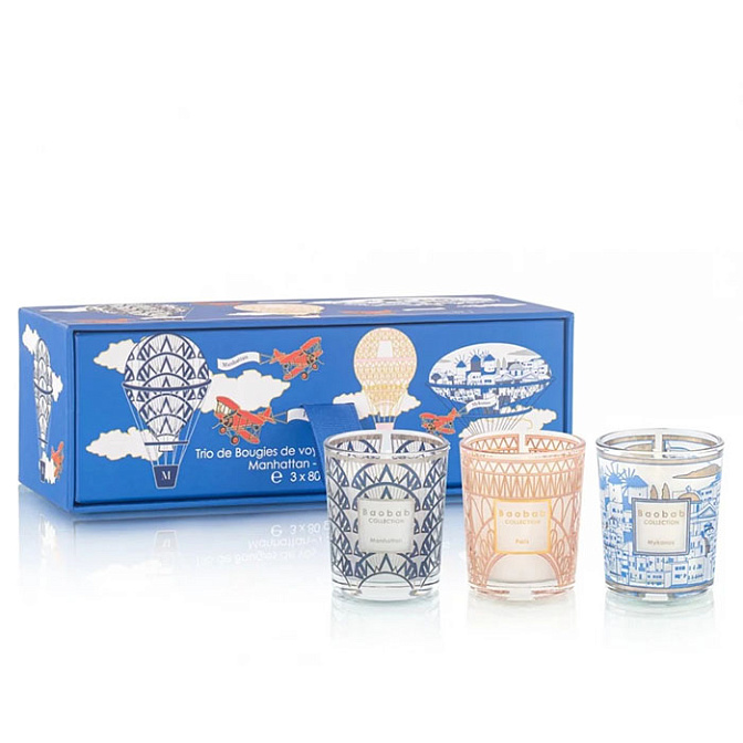 Подарочный набор - 3 свечи BAOBAB MY FIRST BAOBAB TRAVEL TRIO MAX 06 MANHATTAN-PARIS-MYKONOS по 80 г - фото-1 | interior market