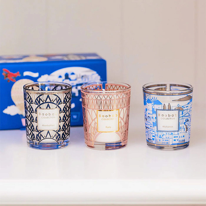 Подарочный набор - 3 свечи BAOBAB MY FIRST BAOBAB TRAVEL TRIO MAX 06 MANHATTAN-PARIS-MYKONOS по 80 г - фото-2 | interior market