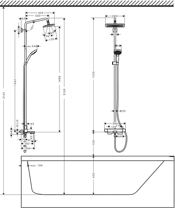 Смеситель для ванны HANSGROHE Croma E Showerpipe 280 1jet - фото-5 | interior market